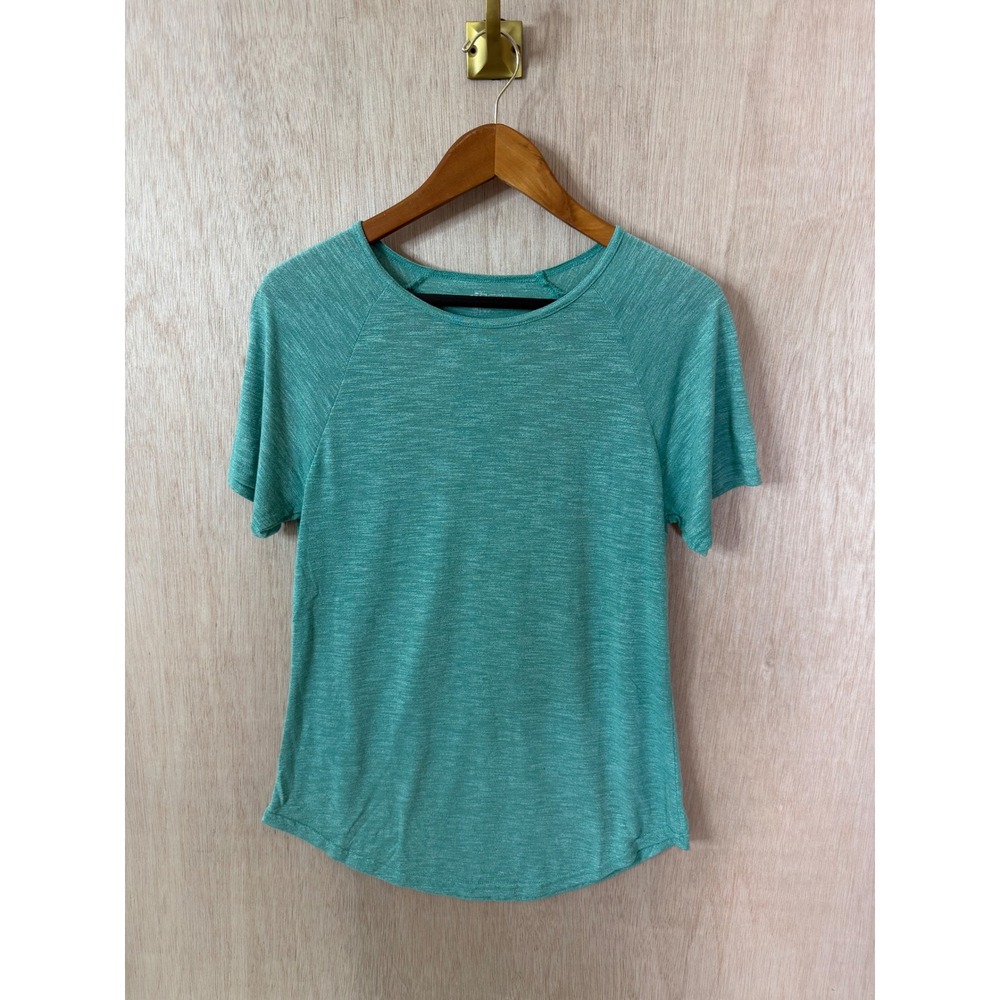 BCG Womens Medium Teal Green Heathered Short Sleeve Activewear Top Cutout Back